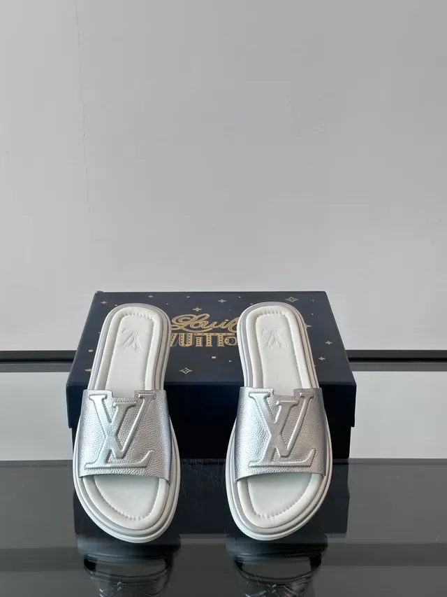 Louis Vuitton Silver Black Monogrammed Strap Metallic Finish Slippers 6