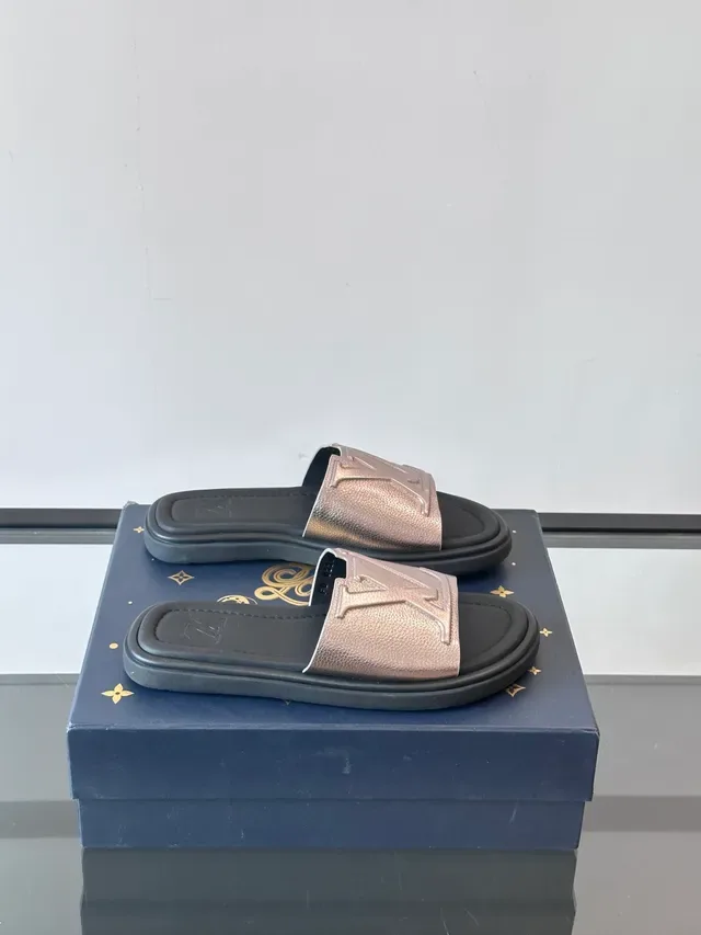 Louis Vuitton Silver Black Monogrammed Strap Metallic Finish Slippers 10