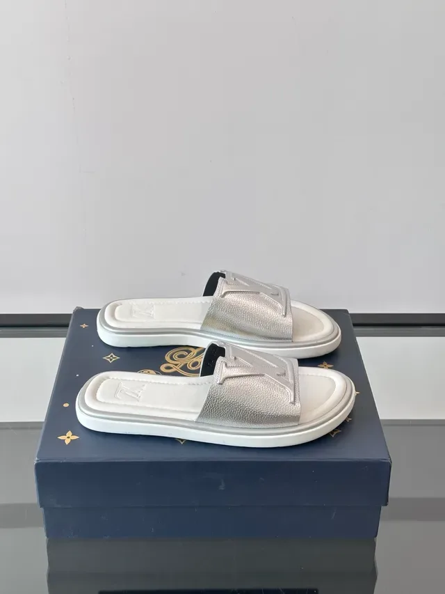 Louis Vuitton Silver Black Monogrammed Strap Metallic Finish Slippers 12
