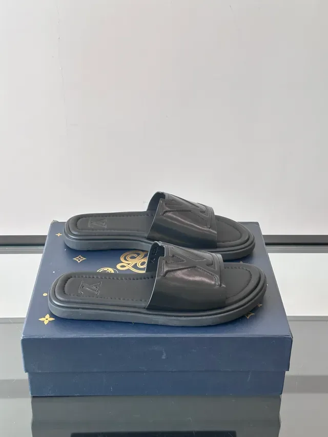 Louis Vuitton Silver Black Monogrammed Strap Metallic Finish Slippers 14