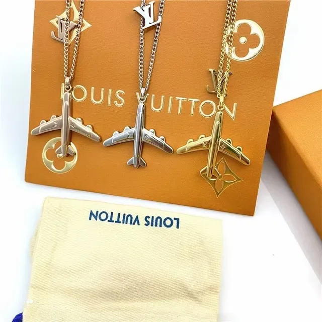 Louis Vuitton Silver Gold Airplane-Shaped Pendant Metallic Finish Necklace 2