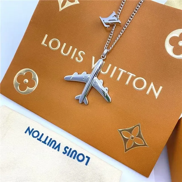 Louis Vuitton Silver Gold Airplane-Shaped Pendant Metallic Finish Necklace 3