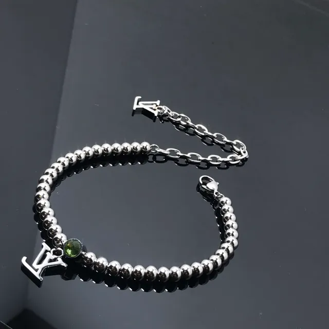 Louis Vuitton Silver Green Beaded Ball-Chain Monogram Pendant Bracelet 2