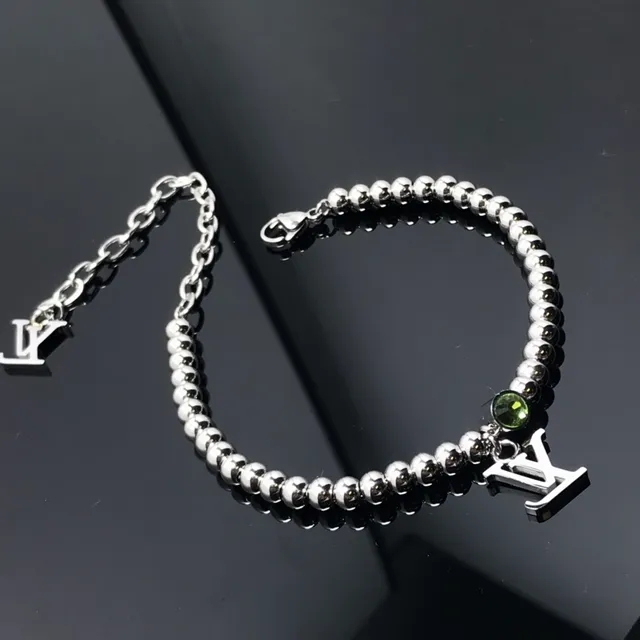 Louis Vuitton Silver Green Beaded Ball-Chain Monogram Pendant Bracelet 4