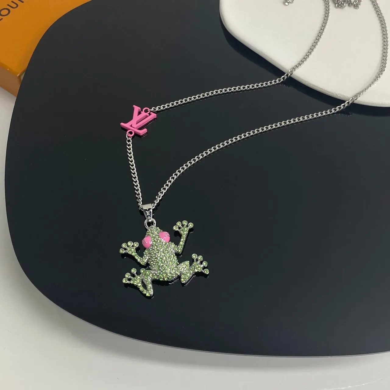 Louis Vuitton Silver Green Crystal-Embellished Frog Pendant Enamel LV Monogram Charm Necklace 6