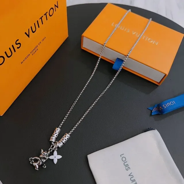 Louis Vuitton Silver White Box Chain Monogram Bead Charms Necklace 5