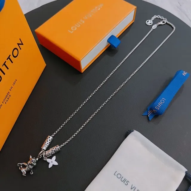 Louis Vuitton Silver White Box Chain Monogram Bead Charms Necklace 6