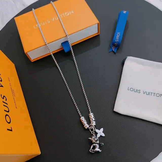 Louis Vuitton Silver White Box Chain Monogram Bead Charms Necklace 9