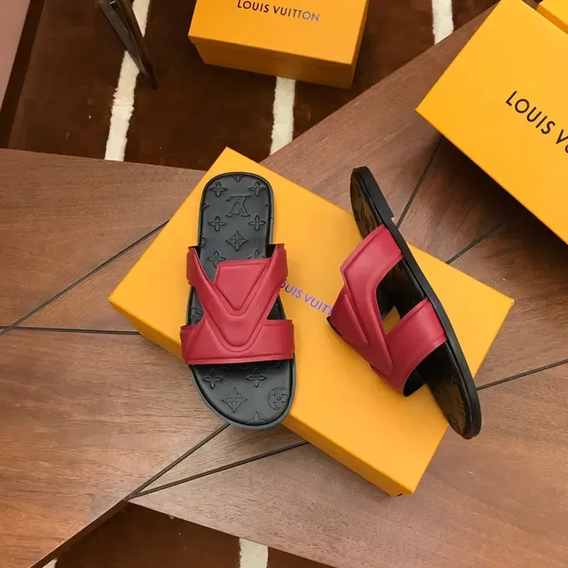 Louis Vuitton Slide Black Red Monogrammed Rubber Sole V-Shaped Strap Slippers 3