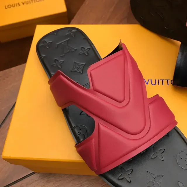 Louis Vuitton Slide Black Red Monogrammed Rubber Sole V-Shaped Strap Slippers 4