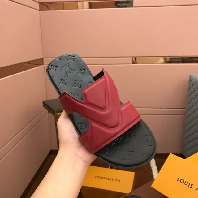 Louis Vuitton Slide Black Red Monogrammed Rubber Sole V-Shaped Strap Slippers 5