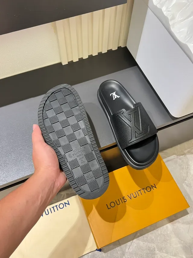 Louis Vuitton Slide Navy Black Molded Rubber Sole Embossed Monogram Strap Slippers 5