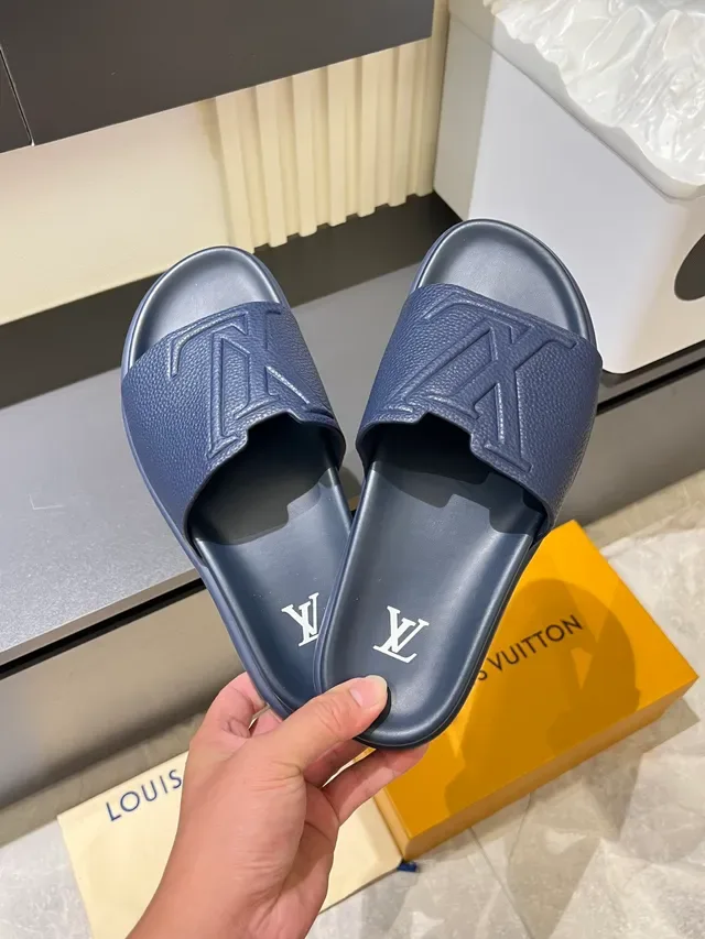 Louis Vuitton Slide Navy Black Molded Rubber Sole Embossed Monogram Strap Slippers 7