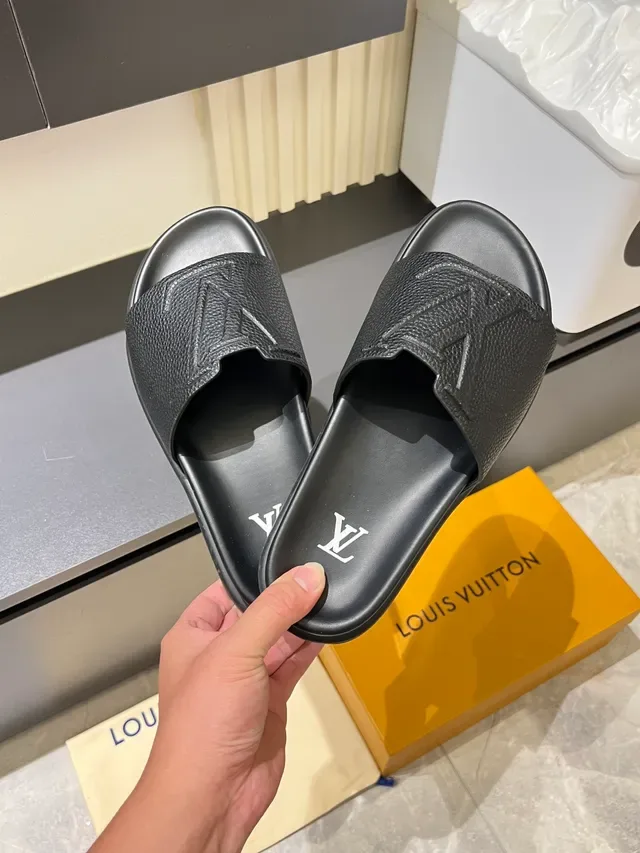 Louis Vuitton Slide Navy Black Molded Rubber Sole Embossed Monogram Strap Slippers 10