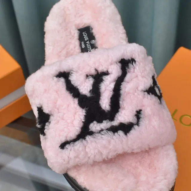 Louis Vuitton Slide Pink Black Shearling Upper Monogram Strap Slippers 2