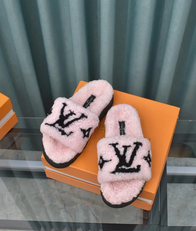 Louis Vuitton Slide Pink Black Shearling Upper Monogram Strap Slippers 3