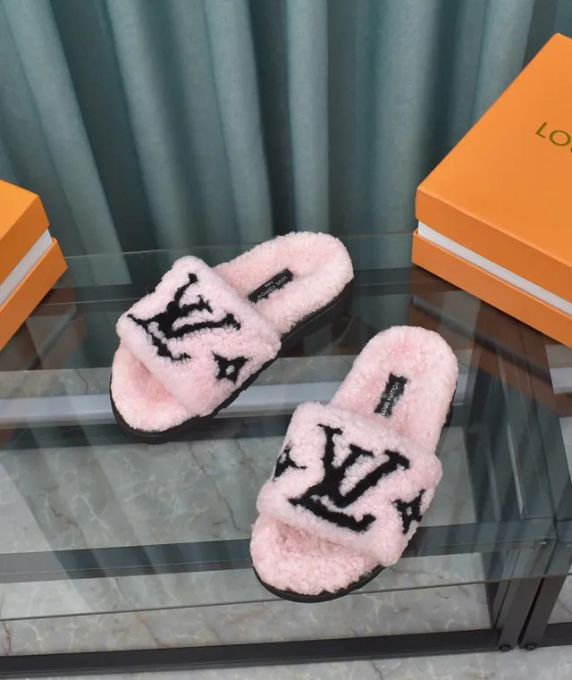 Louis Vuitton Slide Pink Black Shearling Upper Monogram Strap Slippers 5