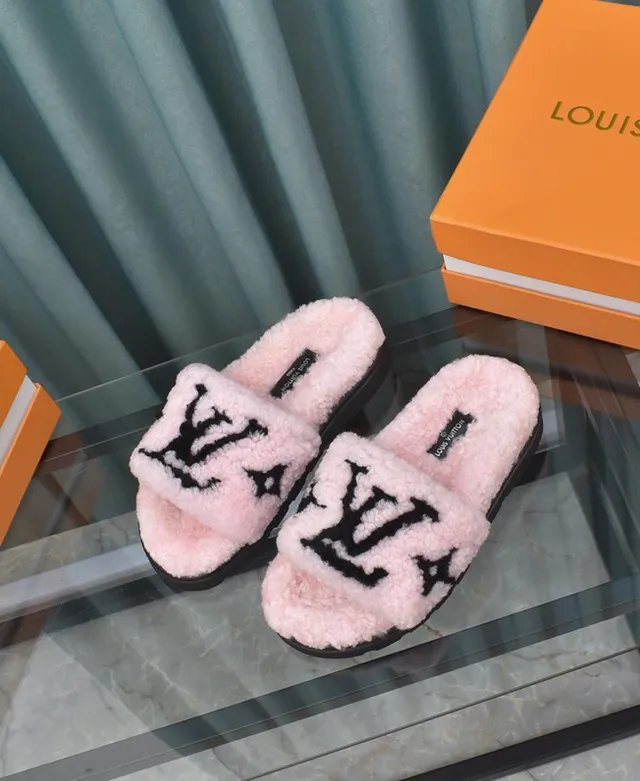Louis Vuitton Slide Pink Black Shearling Upper Monogram Strap Slippers 7