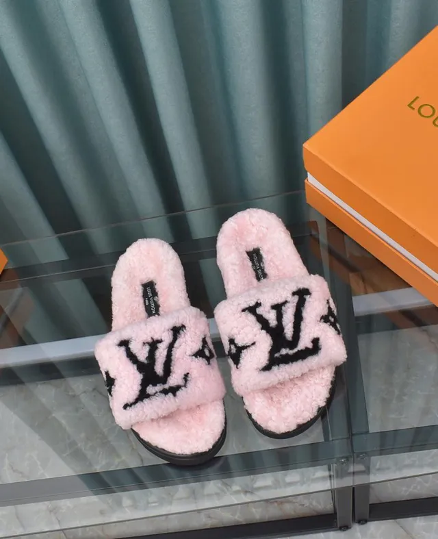 Louis Vuitton Slide Pink Black Shearling Upper Monogram Strap Slippers 8