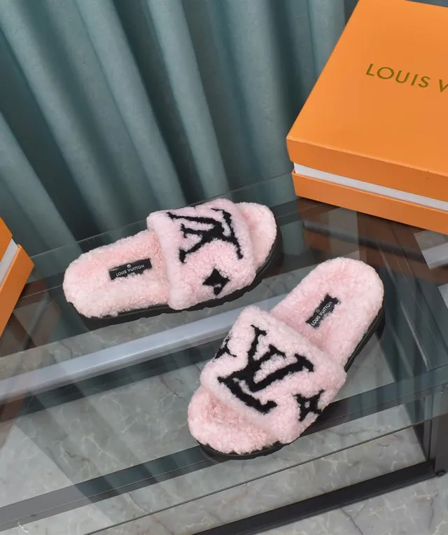 Louis Vuitton Slide Pink Black Shearling Upper Monogram Strap Slippers 9