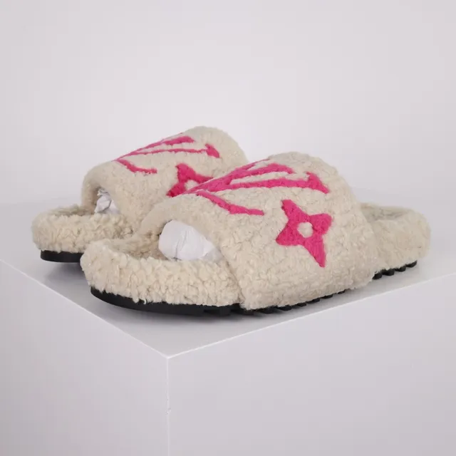Louis Vuitton Slides Cream Shearling Pink Monogram Slipper 2