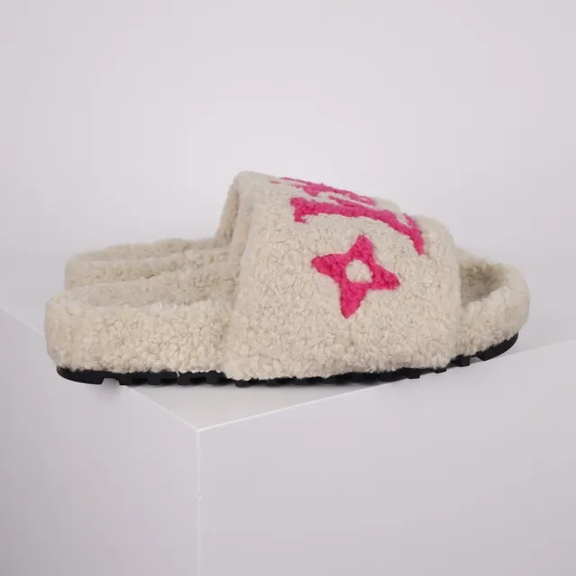 Louis Vuitton Slides Cream Shearling Pink Monogram Slipper 3