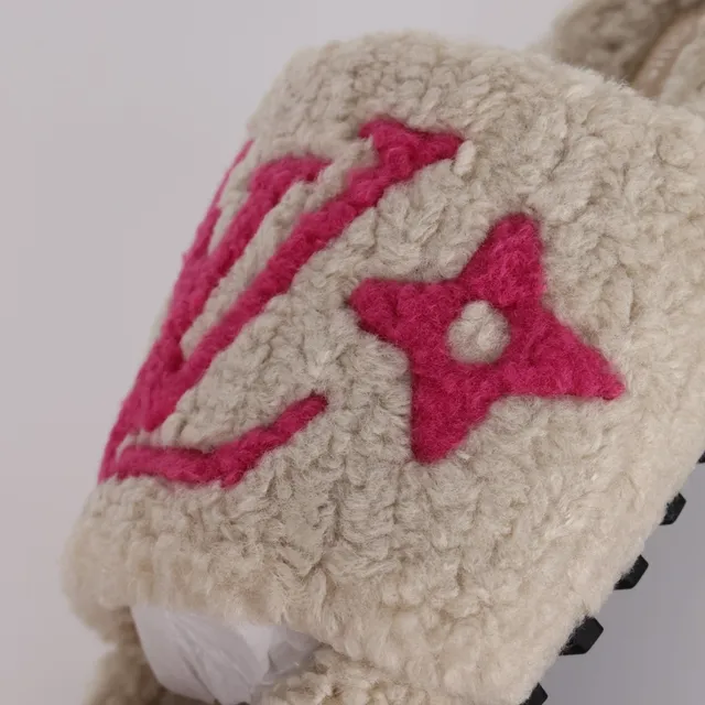 Louis Vuitton Slides Cream Shearling Pink Monogram Slipper 6