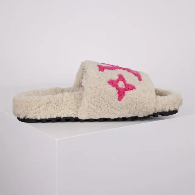 Louis Vuitton Slides Cream Shearling Pink Monogram Slipper 7