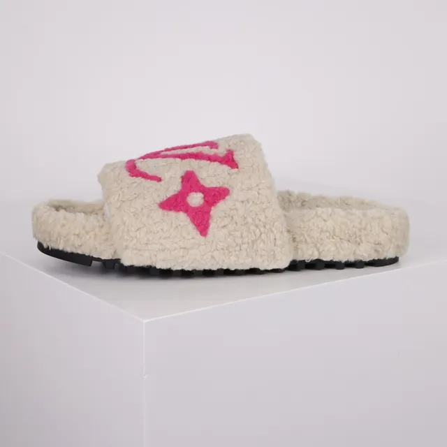 Louis Vuitton Slides Cream Shearling Pink Monogram Slipper 9