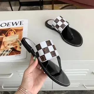 Louis Vuitton Chancla Negro Blanco a cuadros Monograma Correa Plano Sandalia a Ortejos Suela Chancla
