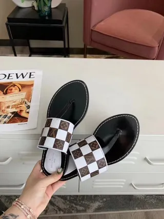 Louis Vuitton Slipper Black White Checkerboard Monogram Strap Flat Thong Sole Slippers 2