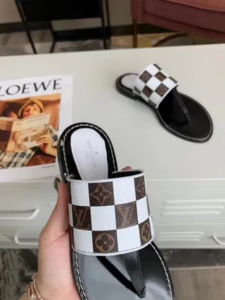 Louis Vuitton Slipper Black White Checkerboard Monogram Strap Flat Thong Sole Slippers 5