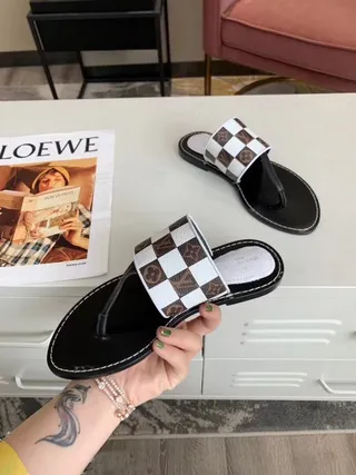 Louis Vuitton Slipper Black White Checkerboard Monogram Strap Flat Thong Sole Slippers 6