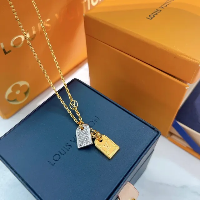 Louis Vuitton Tag Gold Silver Chain Dual Rectangular Pendants Necklace 1