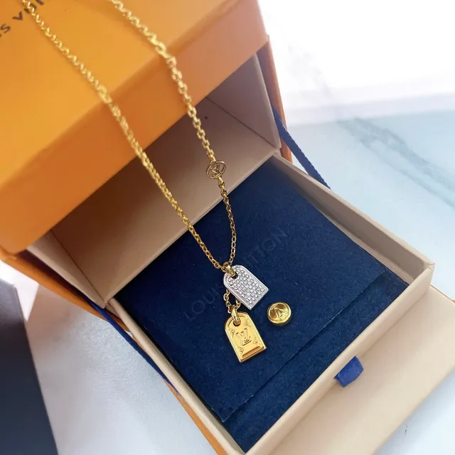 Louis Vuitton Tag Gold Silver Chain Dual Rectangular Pendants Necklace 4