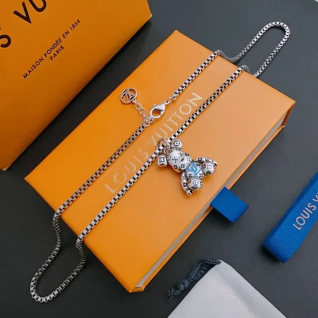 Louis Vuitton Teddy Bear Silver Blue Box Chain Pendant Necklace 3