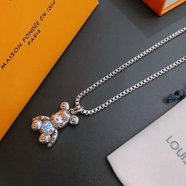 Louis Vuitton Teddy Bear Silver Blue Box Chain Pendant Necklace 5