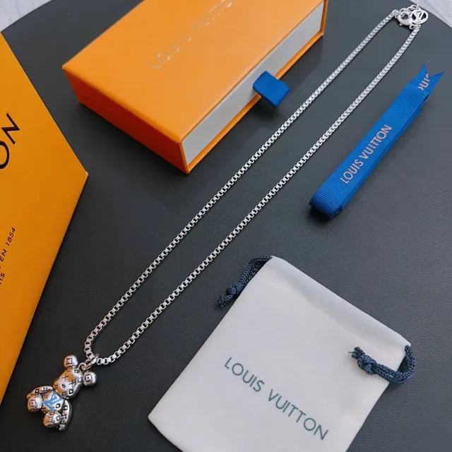Louis Vuitton Teddy Bear Silver Blue Box Chain Pendant Necklace 6