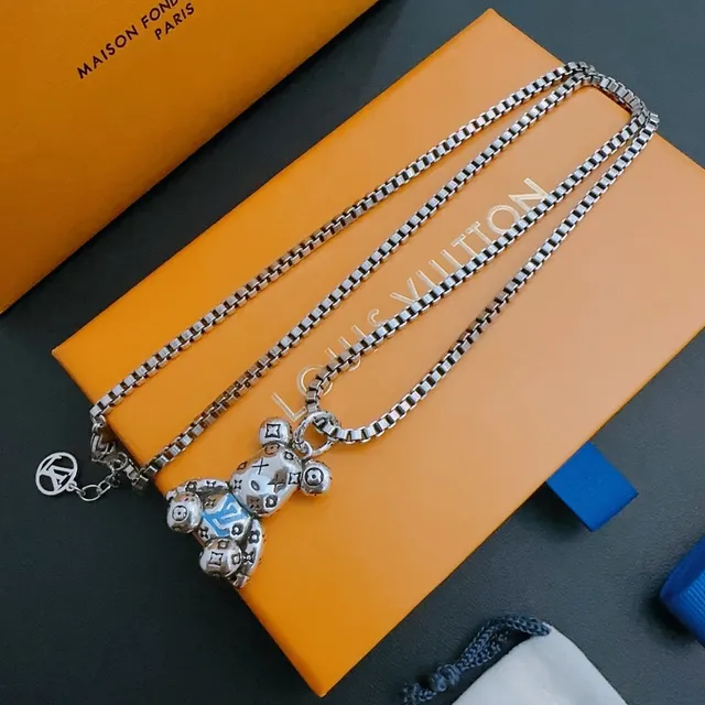 Louis Vuitton Teddy Bear Silver Blue Box Chain Pendant Necklace 8