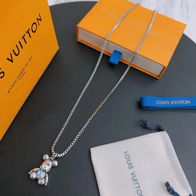 Louis Vuitton Teddy Bear Silver Blue Box Chain Pendant Necklace 9