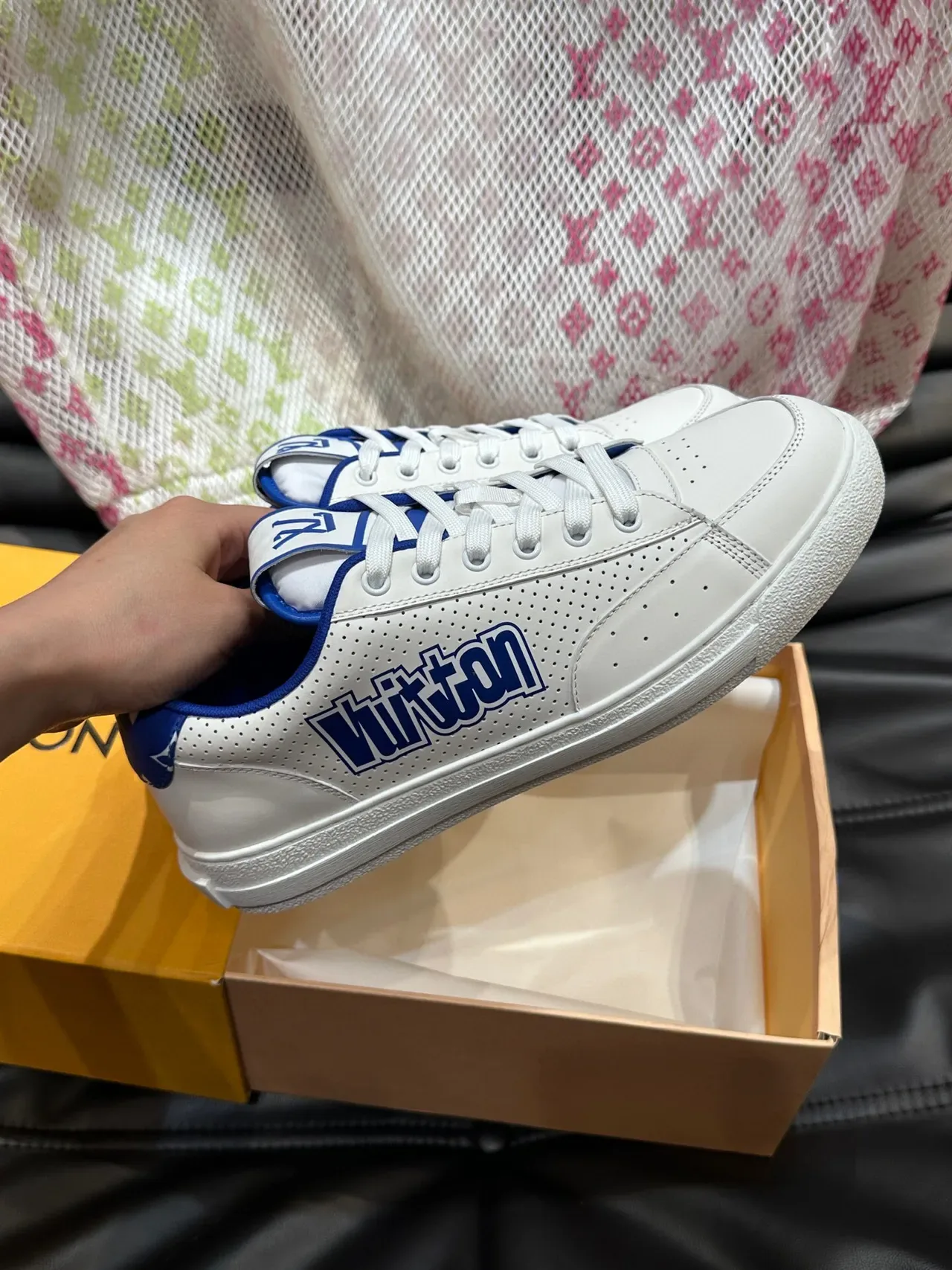 Louis Vuitton White and Blue Perforated Leather Lifestyle Sneakers 4
