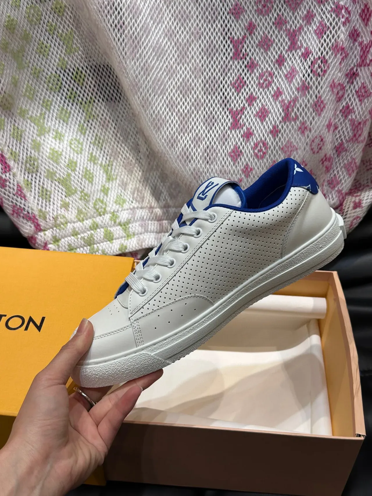 Louis Vuitton White and Blue Perforated Leather Lifestyle Sneakers 8