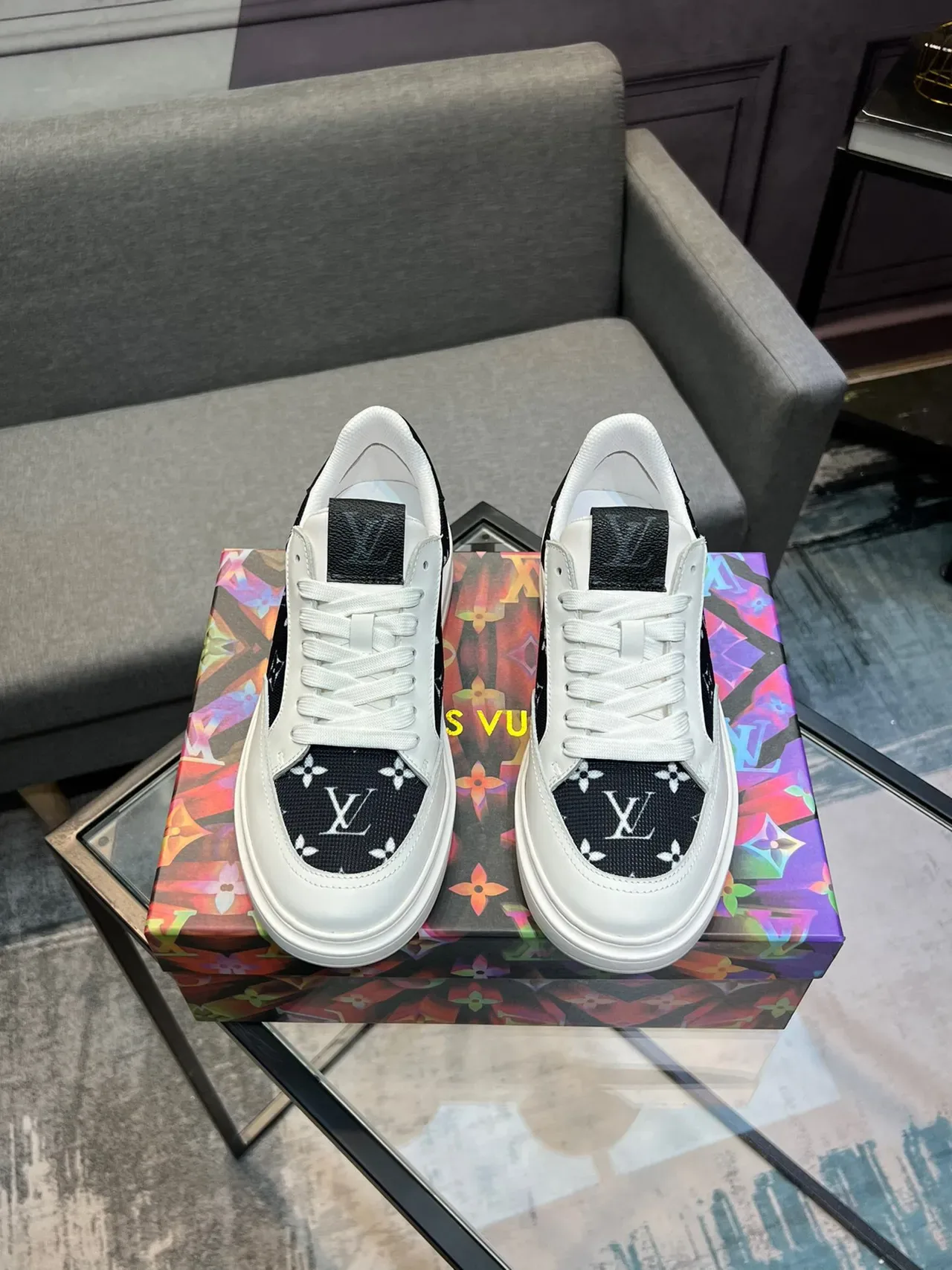 Louis Vuitton White Black Monogrammed Textile Panels Leather Upper Lifestyle Sneakers 2