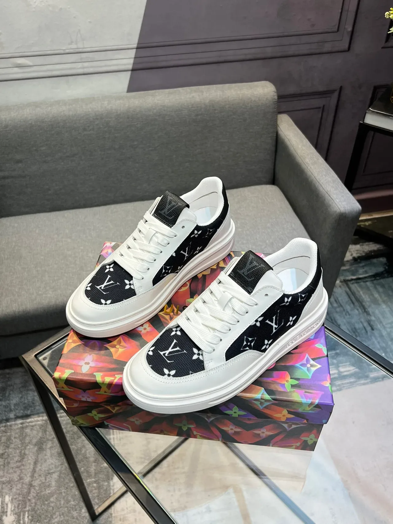 Louis Vuitton White Black Monogrammed Textile Panels Leather Upper Lifestyle Sneakers 3