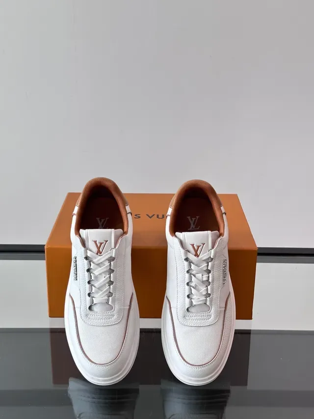 Louis Vuitton White Brown Low-Top Textured-Panel Construction Lifestyle Sneakers 4