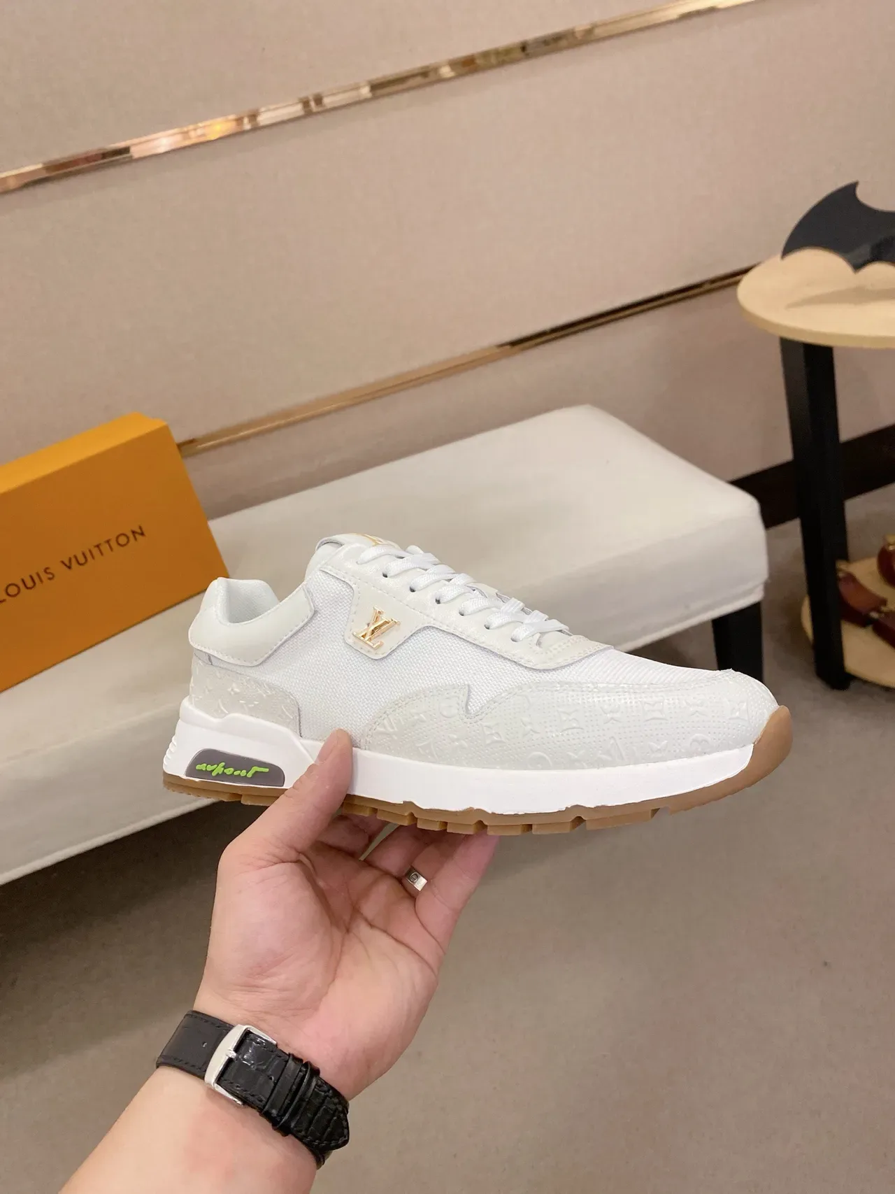 Louis Vuitton White Gold Monogram-Embossed Upper Sculpted Layered Midsole Lifestyle Sneakers 4