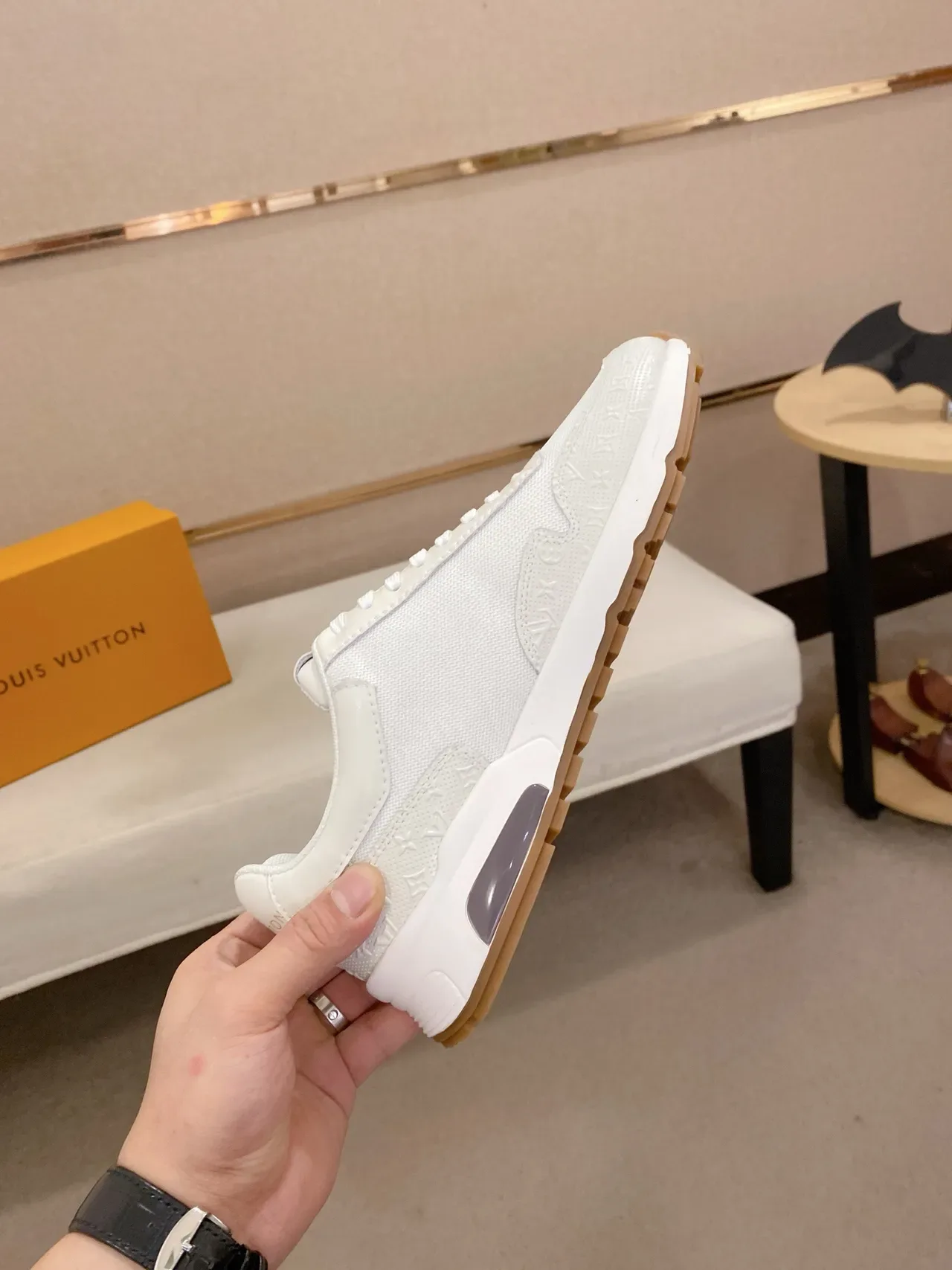 Louis Vuitton White Gold Monogram-Embossed Upper Sculpted Layered Midsole Lifestyle Sneakers 5