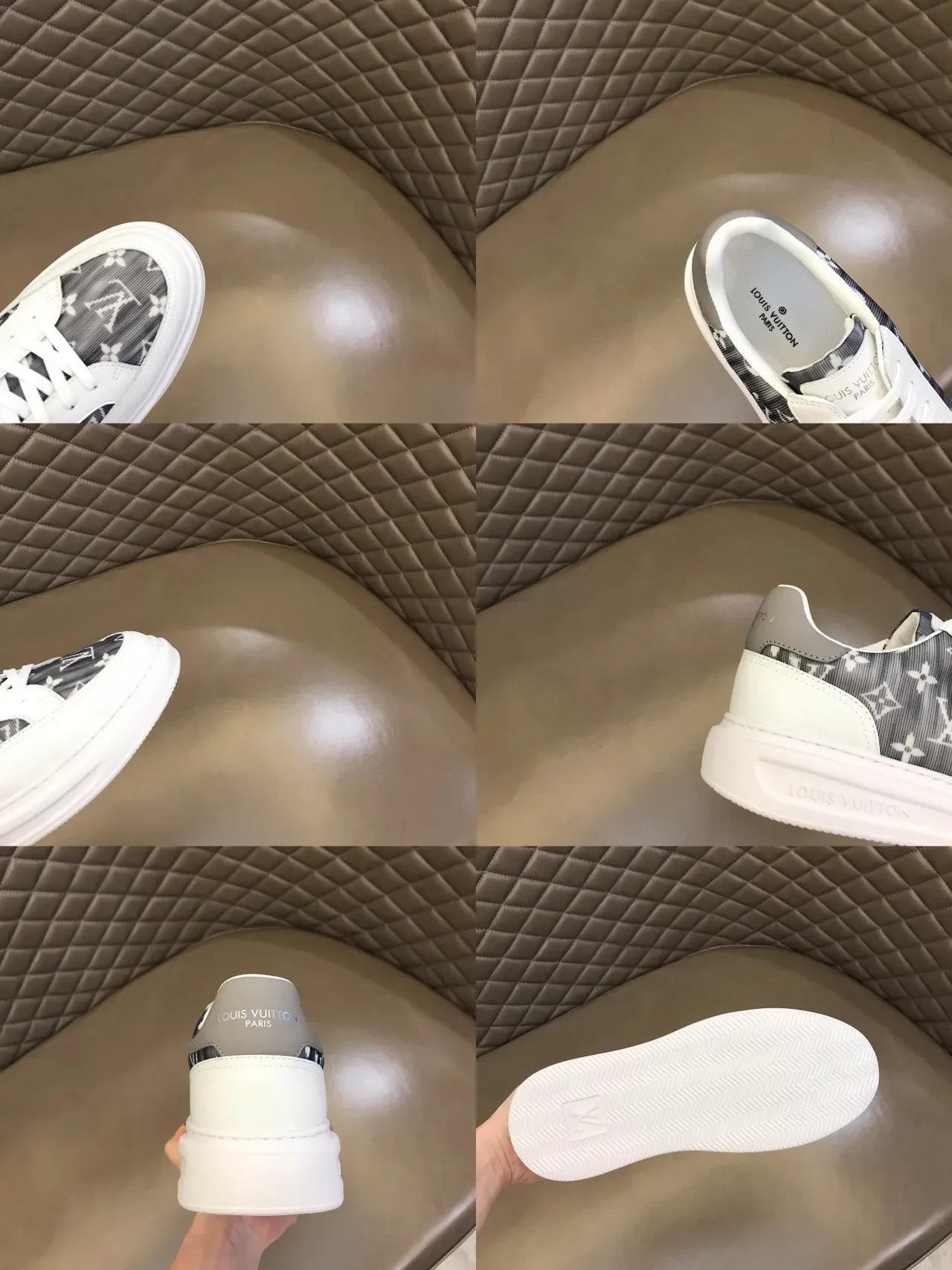 Louis Vuitton White Gray Monogram-Print Panel Leather Overlays Lifestyle Sneakers 2