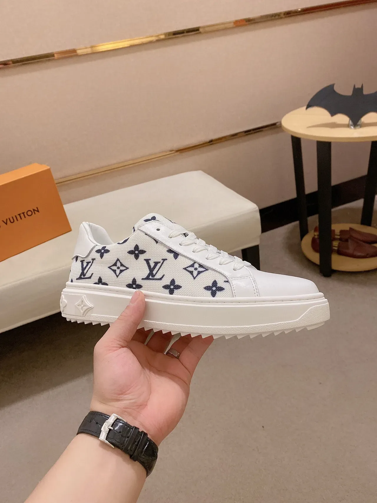 Louis Vuitton White Navy Monogram-Printed Textile Upper Thick Platform Sole Lifestyle Sneakers 7