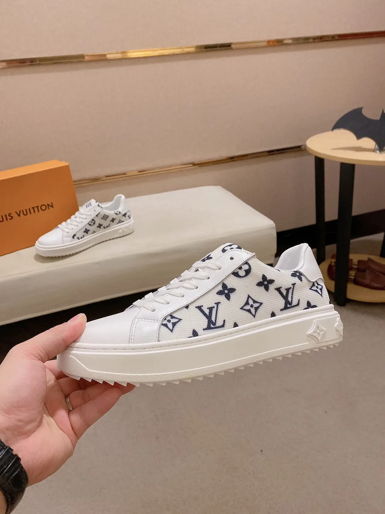 Louis Vuitton White Navy Monogram-Printed Textile Upper Thick Platform Sole Lifestyle Sneakers 8